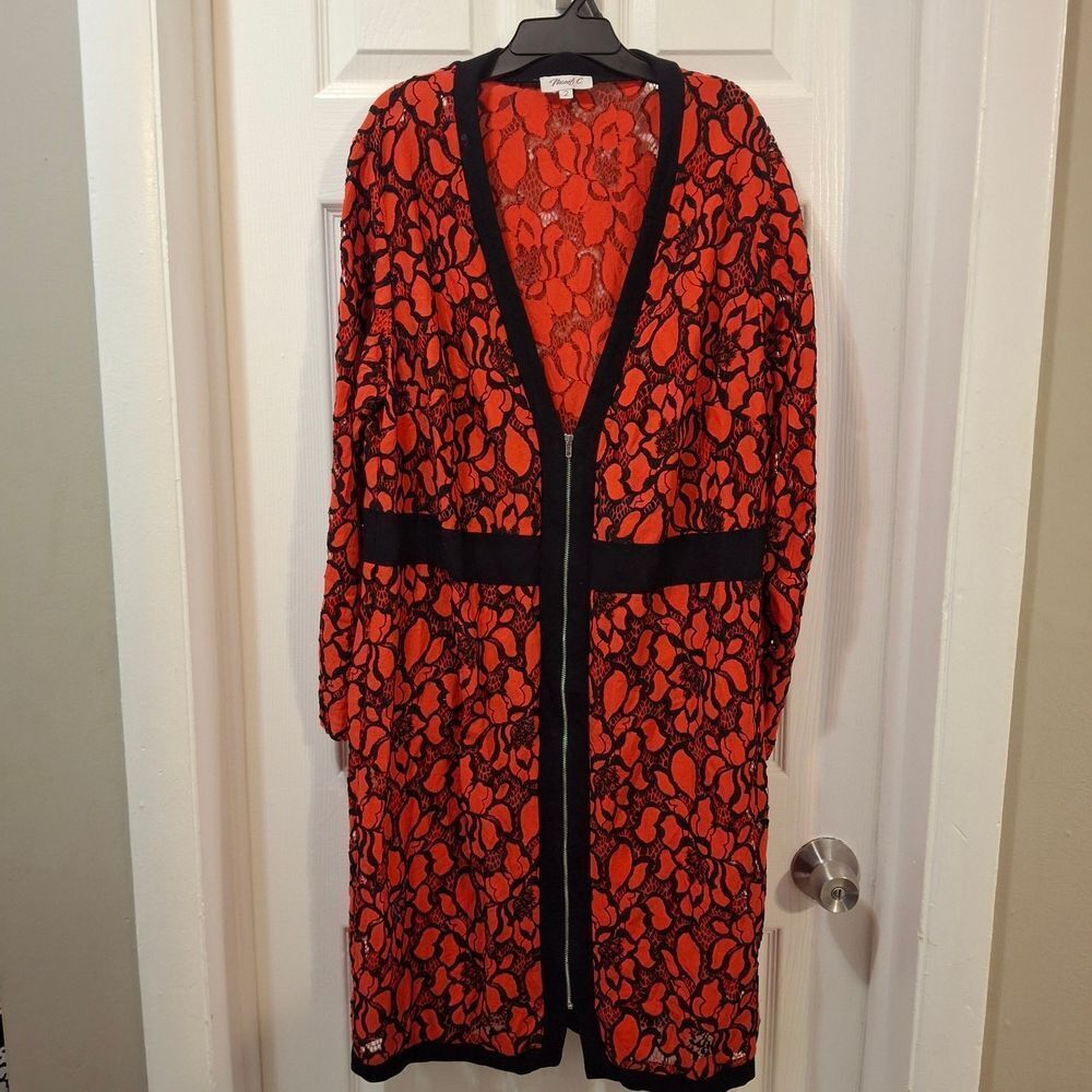 Monif C. Red Floral Lace Dress with Black Trim